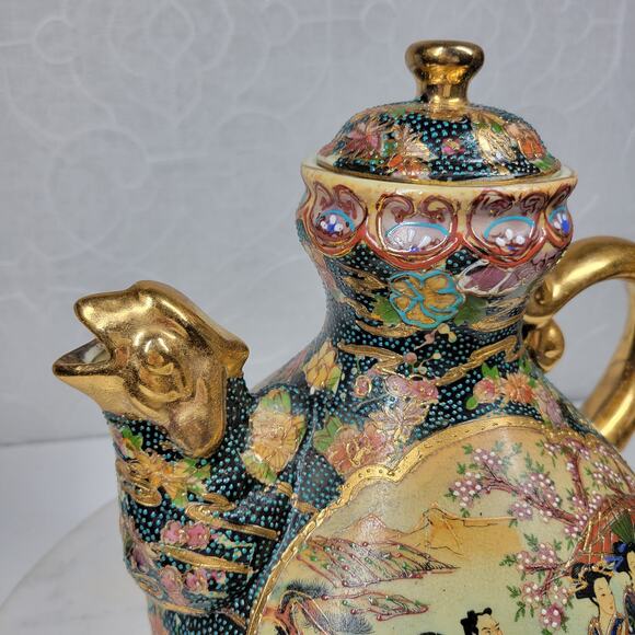 Vintage Royal Satsuma Tea Pot 9.5" Gold Hand Painted Textured Dragon Head Spout - Picture 4 of 16